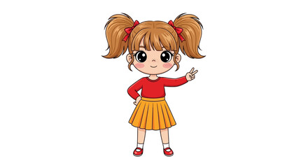 Adorable Cartoon Girl with Big Eyes and Ponytails Wearing a Red Shirt and Yellow Skirt Waving Hello