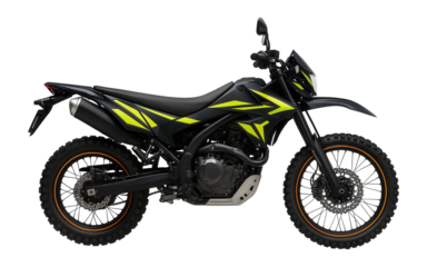 Enduro bike adorned with vibrant graphics and protective engine guard