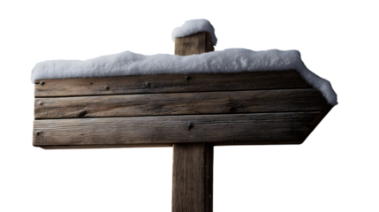 wooden signpost covered with snow, indicating  direction isolated on white background