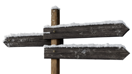  snow-covered wooden signpost points in different directions isolated on white background