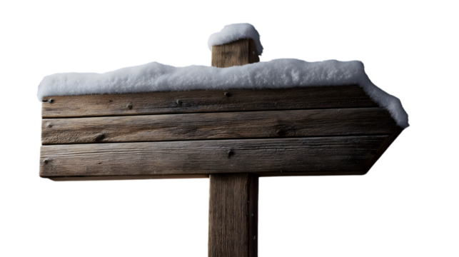 wooden signpost covered with snow, indicating  direction isolated on white background