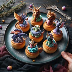 A plate of enchanted pastries that transform into tiny mythical creatures