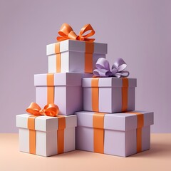 Obraz premium Gift boxes and balloons on pastel purple background. Holiday decoration. Festive gift surprise. Minimalist creative concept. 3d rendering illustration