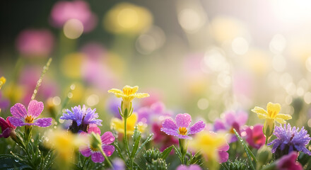 Fototapeta premium Dewy Meadow Flowers Morning Sunlight Bokeh Effect