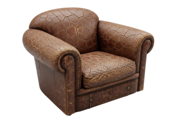 High-angle of heavily cracked, weathered deep brown vintage leather surface against transparent background with bright, even light, no shadows. Aged leather product concept.