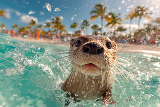 Closeup of a cute otter swimming in clear blue ocean water with splashes and palm trees in the background - Powered by Adobe