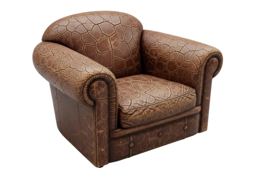 High-angle of heavily cracked, weathered deep brown vintage leather surface against transparent background with bright, even light, no shadows. Aged leather product concept.