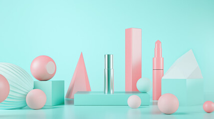 A horizontal cosmetic mockup, centered on a pastel turquoise surface. 