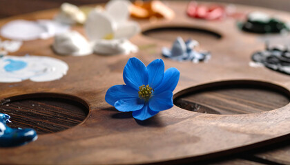 Fototapeta premium A single light blue paint remains in a used palette, symbolizing unchosen paths and quiet possibilities. Minimal, emotional still life with natural shadows.