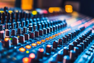 Fototapeta premium Close-up of a professional audio mixing console with many knobs and lights