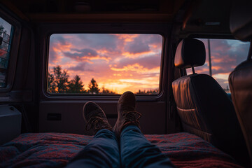 sunset in the car