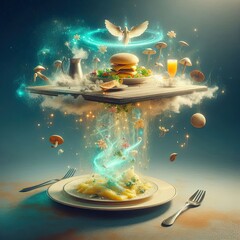 A surreal floating table where food serves itself, infused with fairy dust