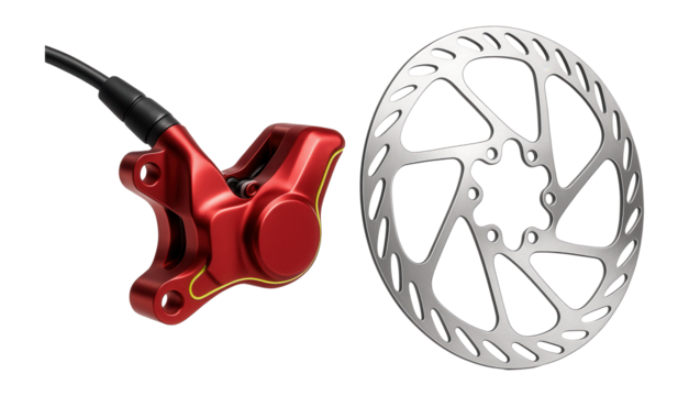 Hydraulic disc brakes with red anodized calipers and rotors