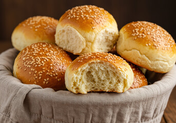 Fototapeta premium Freshly baked sesame seed buns resting in a cozy basket with a soft linen fabric, showcasing their golden crust and fluffy interior