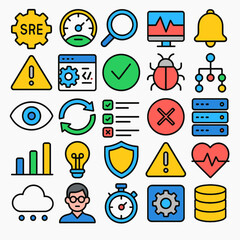 Colorful icons visualize system management on white backdrop showing operations