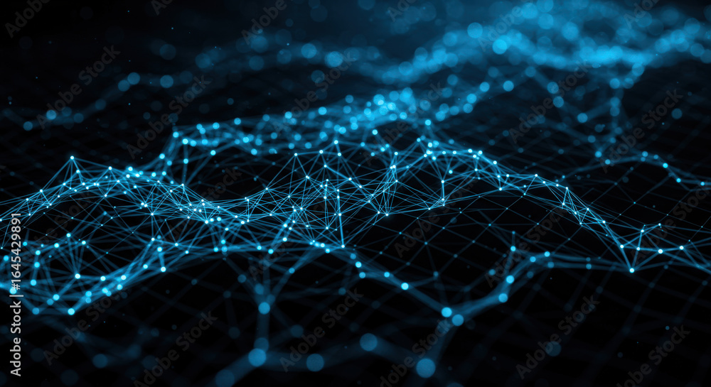 Poster a vibrant digital landscape showcasing interconnected blue lines and nodes, representing a network o