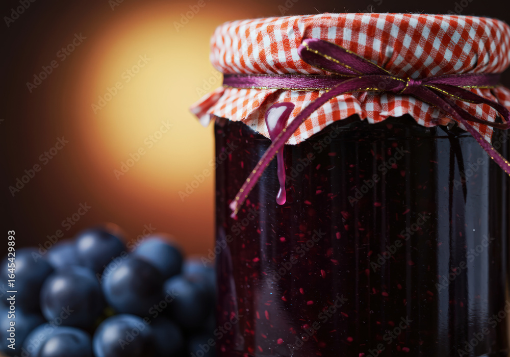 Poster a close-up of a jar of blueberry jam with a patterned lid, surrounded by fresh blueberries, creating