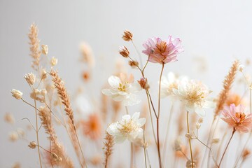 Delicate dried flowers in soft peach, cream, and pale pink hues against a muted grey background.  The arrangement features various textures and heights of blossoms and grasses