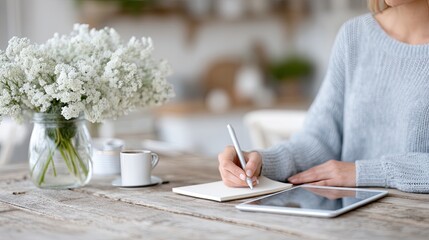 Woman Working at Home Office Desk with Notepad and Stylus
