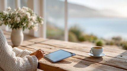 Woman Using Tablet and Stylus at Wooden Table with Ocean View