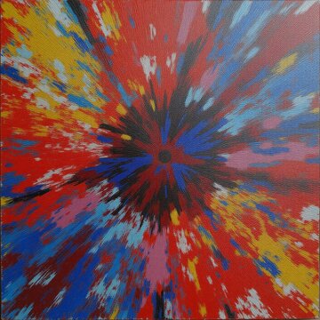 Cool Modern art close-up of a colorful nonfigurative painting featuring abstract stains and textured brushwork