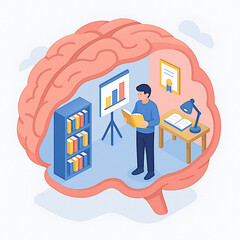 Illustration of a brain with educational tools symbolizing learning and development.