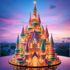 A towering macaron castle, shimmering under a pastel-hued twilight