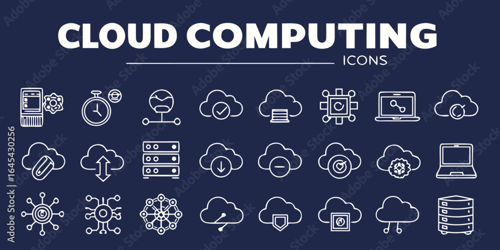 Poster vector art of cloud computing icons set featuring data storage, network connections, and digital ser