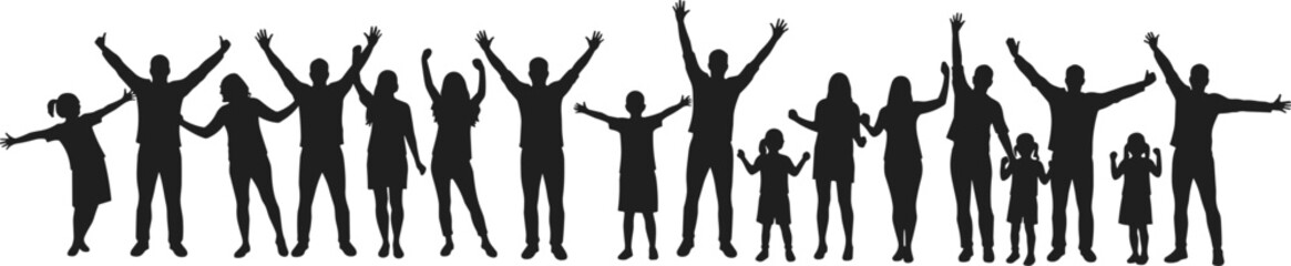 Silhouette of joyful family group jumping, people celebrating together, children and parents raising hands, unity and happiness illustration, cheerful crowd, freedom pose vector art
