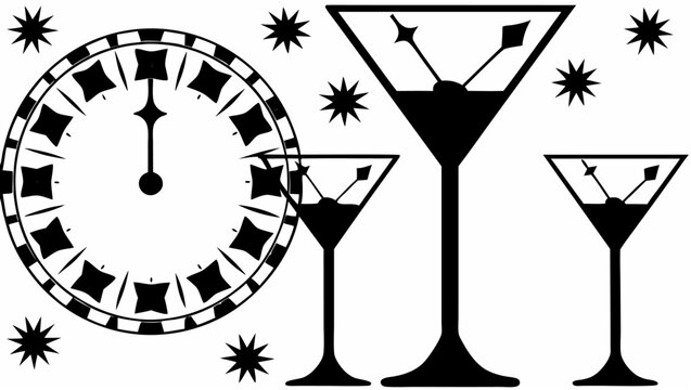 Clock striking midnight with three martini glasses and starbursts in a black and white illustration