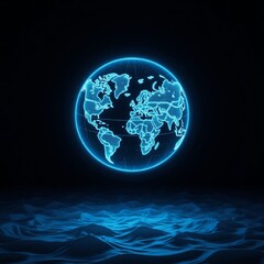 Obraz premium Cool Motion blur panorama of abstract network technology world map with luminous seascapes and dark skies on flat backgrounds