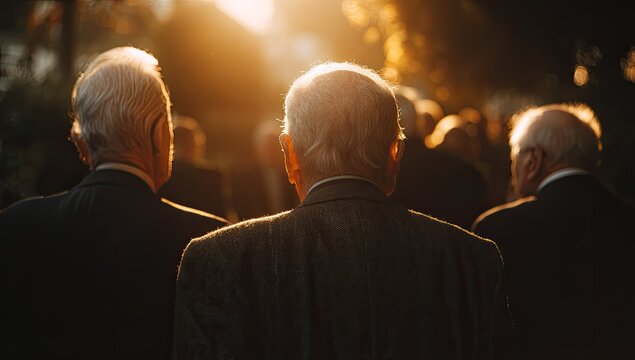 Backs of three older men in suits, backlit by a golden sunset, walking amongst a blurred crowd of people