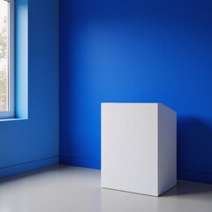 Cool Blue 3D abstract window light stage scene or empty product studio showroom display with a blank presentation podium and table backdrop
