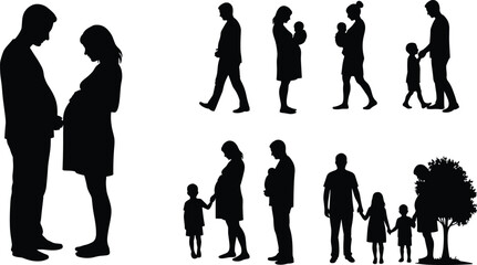 Silhouettes of pregnant couple, parents with children, motherhood and fatherhood concept, family bonding, parenthood love illustration, family life vector, parenting and childhood moments