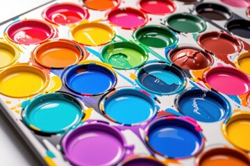 Fototapeta premium Colorful paint palette with vibrant watercolors ready for artistic creativity