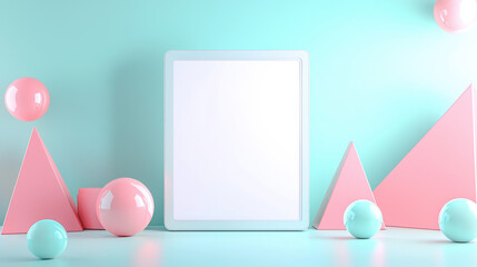 A horizontal cosmetic product mockup featuring a glowing white display screen, centered on a pastel turquoise surface. 