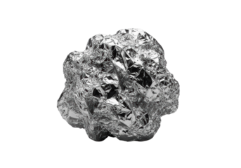 Crumpled silver aluminum foil sculpture on seamless transparent background. Detailed metallic peaks, valleys, and reflective planes, shot from high angle, clean studio lighting, abstract study of