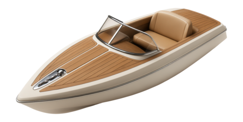Ivory plastic motorboat with a narrow beam and integrated anchor locker