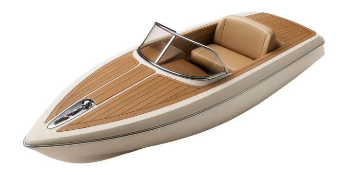 Ivory plastic motorboat with a narrow beam and integrated anchor locker