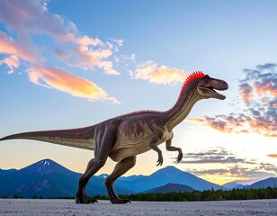Fototapeta premium Dinosaur in a scenic sunset landscape