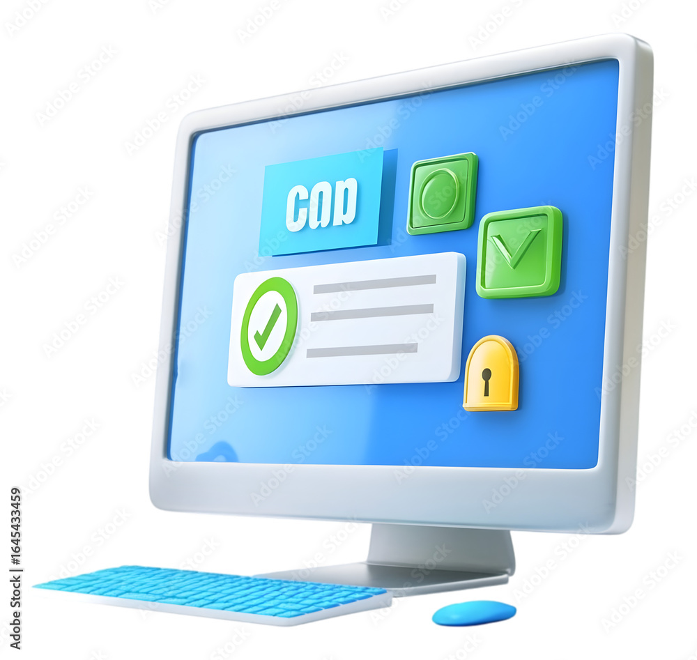 Fototapete computer security with padlock and checkmarks isolated on transparent background