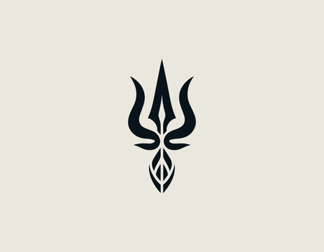 Sacred Hindu trishula trident symbol in minimalist black vector design with spiritual significance