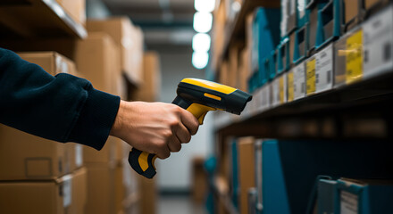 Man checking box with item with help barcode scanner in warehouse. Technology and efficient logistics operation on work in storage