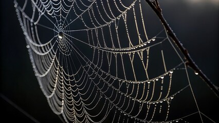 Closeup of a delicate spiderweb covered in sparkling morning dew drops