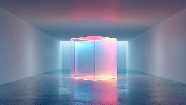 A translucent cube, illuminated with pink and blue light, sits in a minimalist white room with a reflective floor, creating a vibrant, modern scene