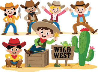 Cartoon illustration of kids in cowboy costumes, Wild West theme, sheriff badge, desert background, fun western adventure, vector art