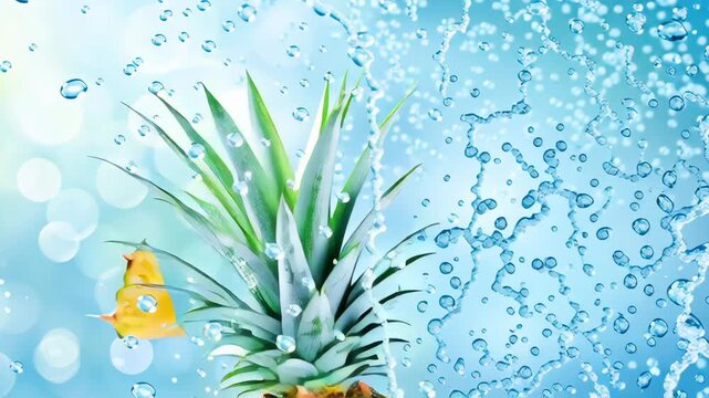 Fresh pineapple with slice and butterfly surrounded by water splash on vibrant blue background, symbolizing summer, tropical freshness, and hydration
