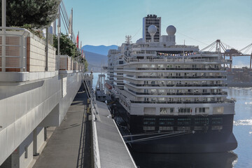 Modern luxury cruiseship cruise ship liner Koningsdam, Nieuw Statendam or Rotterdam at terminal in...