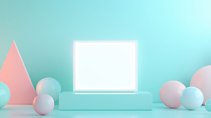 A horizontal cosmetic product mockup featuring a glowing white display screen, centered on a pastel turquoise surface. 