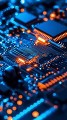 Fototapeta premium Close-up of illuminated circuit board with glowing components (1)